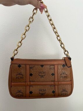 MCM Cognac Brown Visetos Monogram Shoulder Bag with Gold Chain
